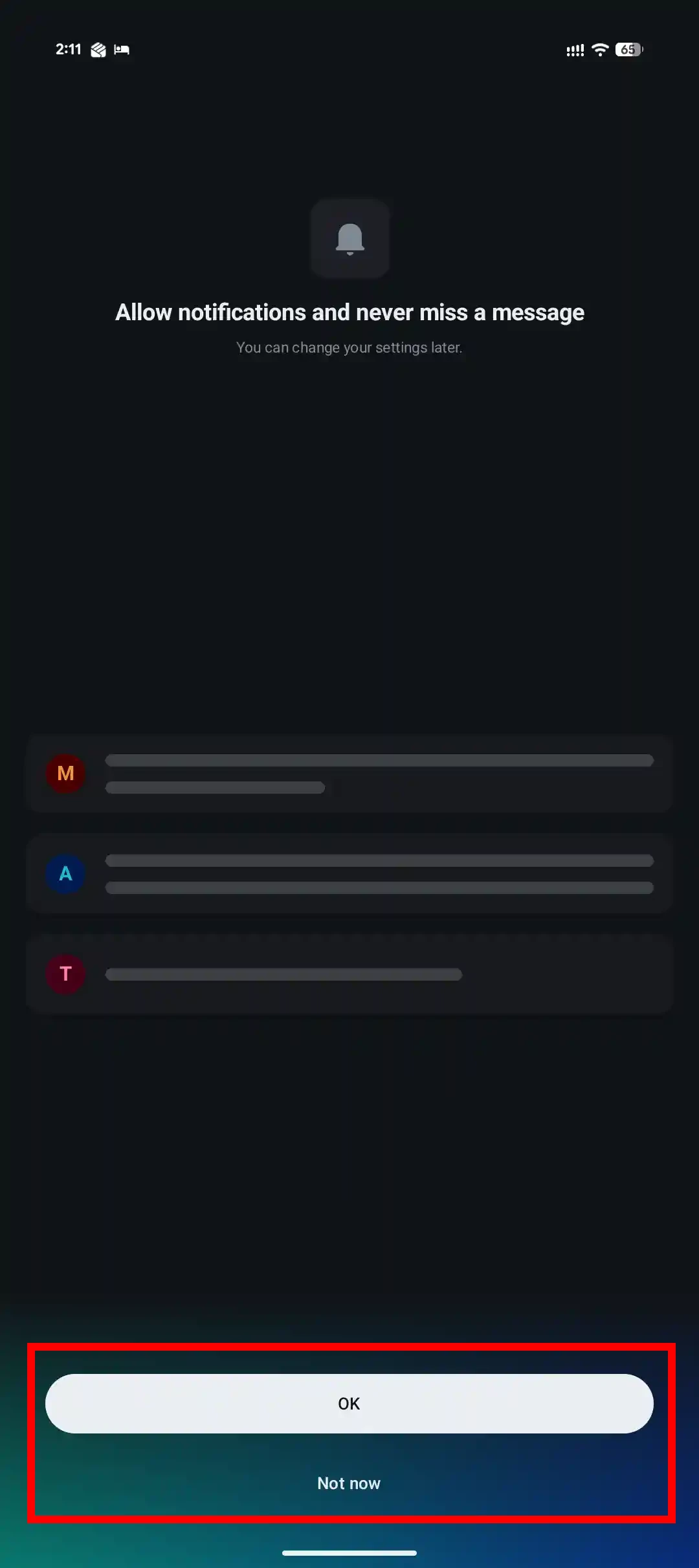 Allow notifications and never miss a message 画面